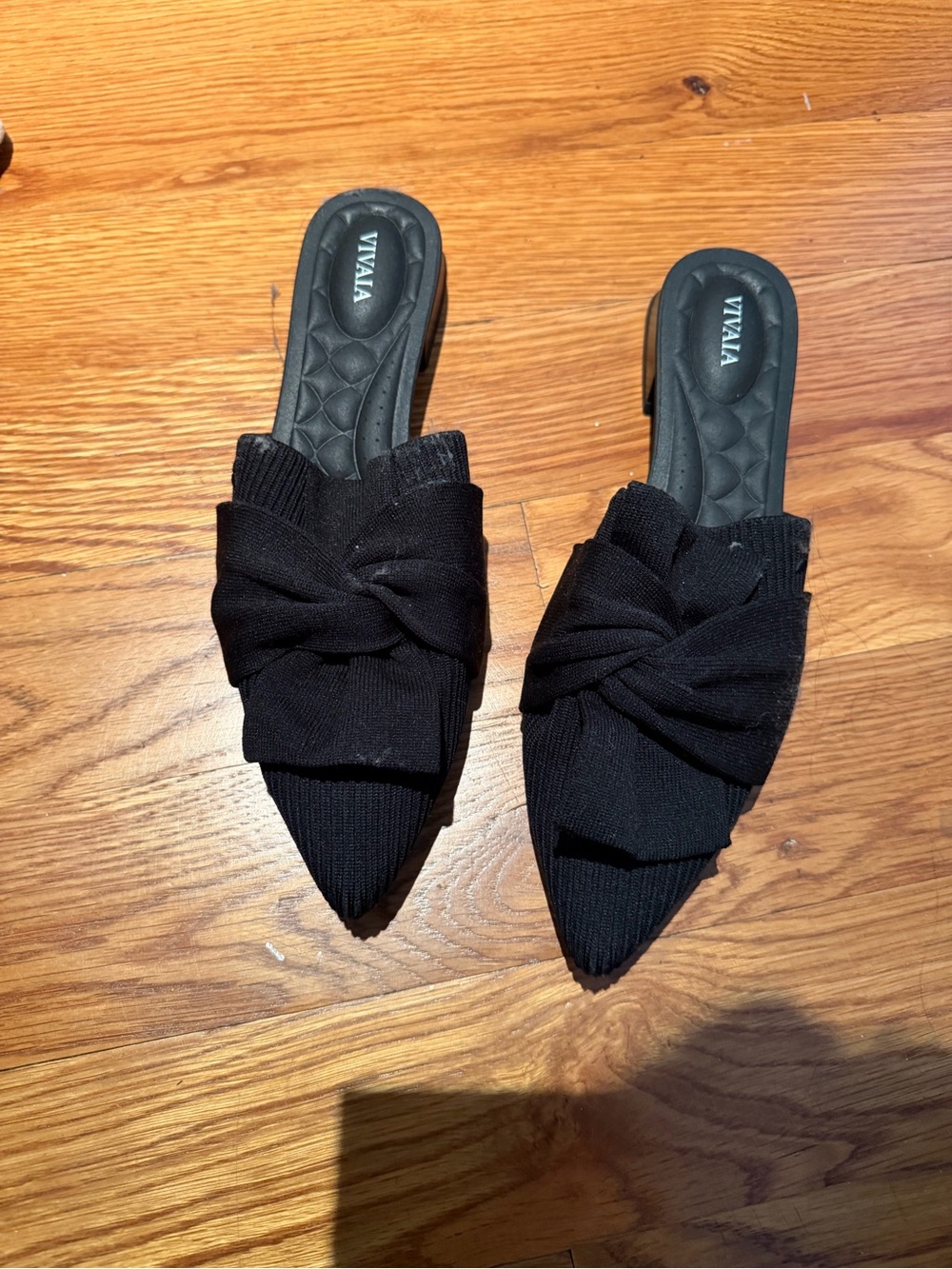Viviana Black Pointed-Knit Mule Flats with Twist Detail